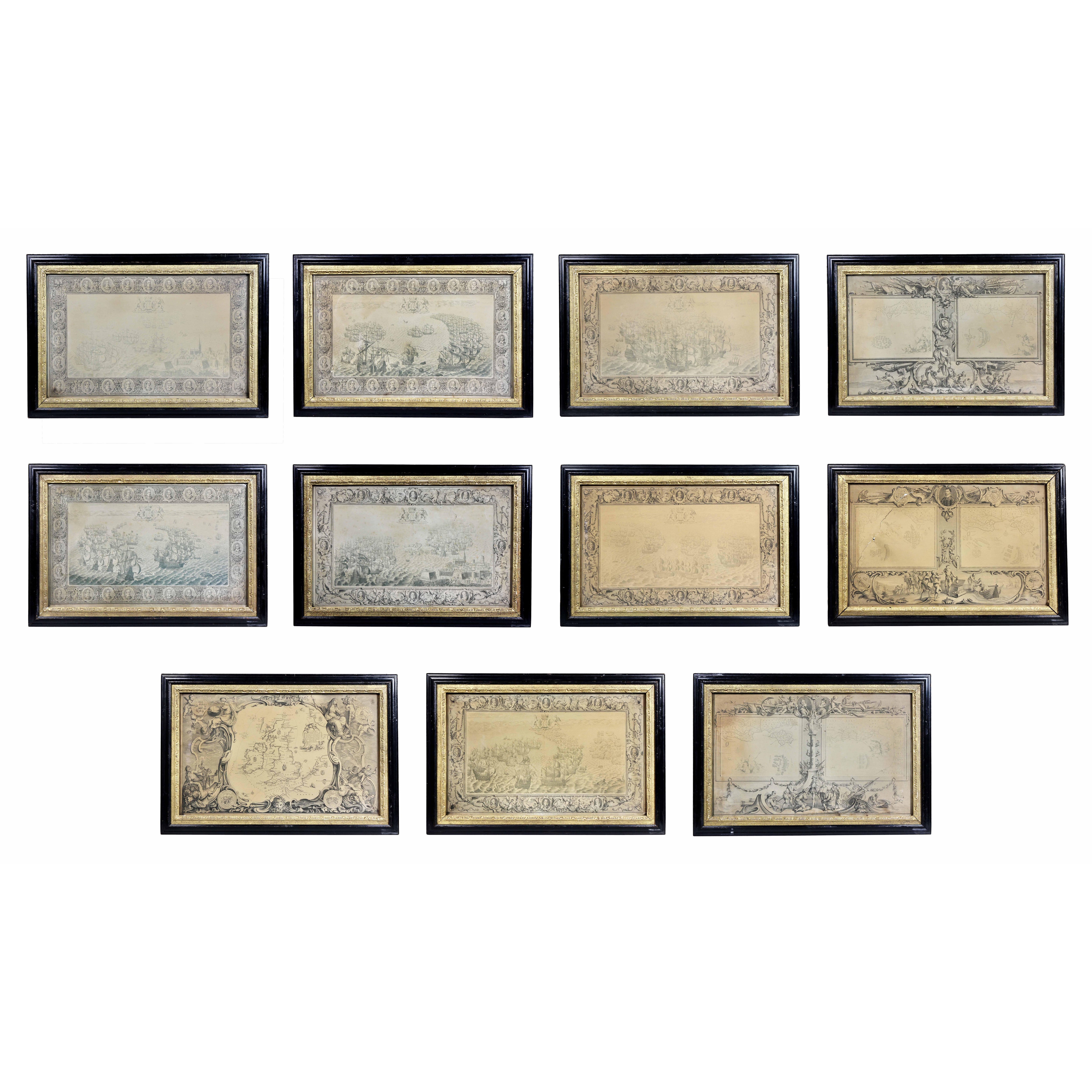Set of Eleven Colored Engravings of the Defeat of the Spanish Armada