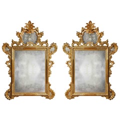 Antique Pair of 19th Century Italian Venetian Hand-Etched Carved Giltwood Mirrors