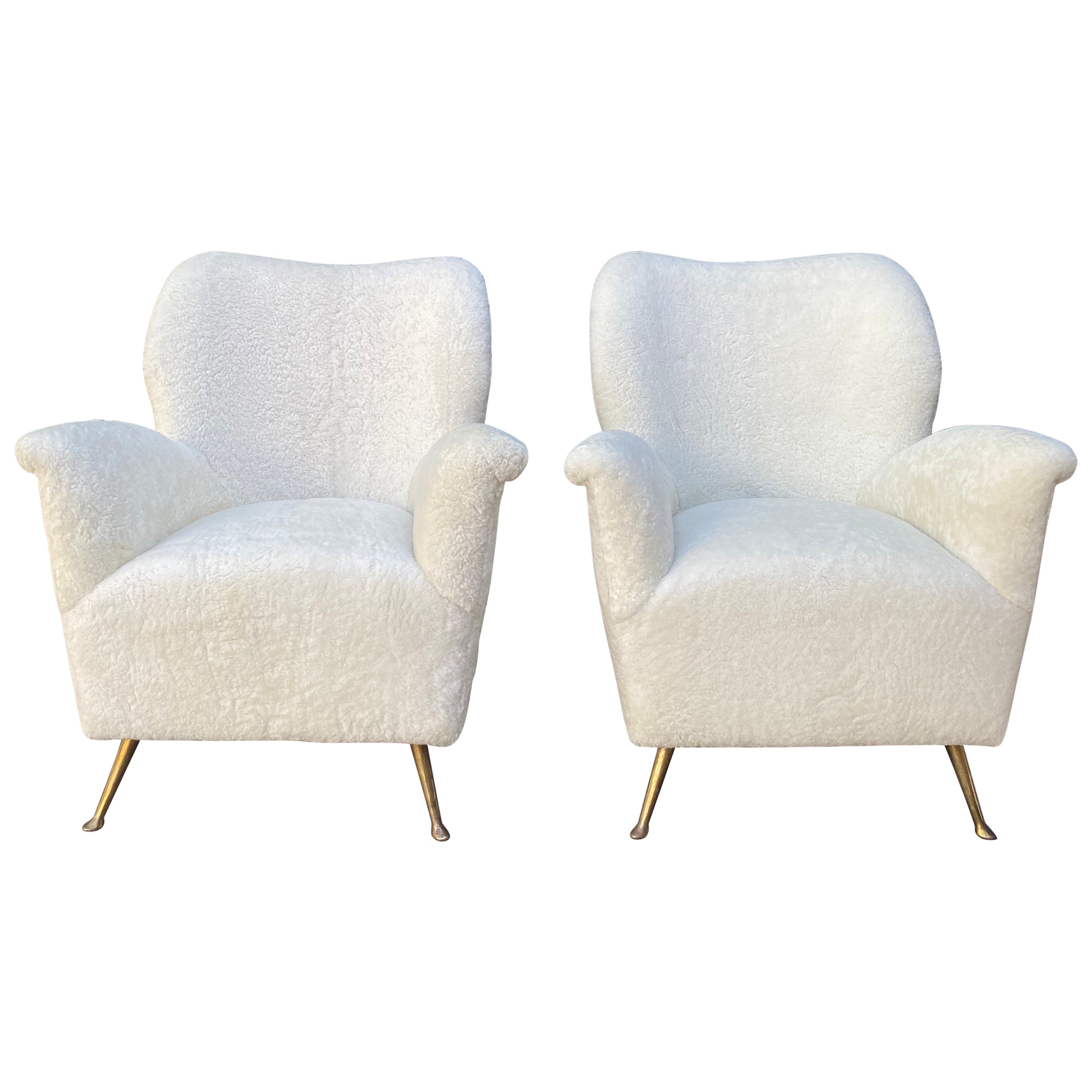Pair of Custom Polished Aluminum and Shearling Lounge Chairs For Sale