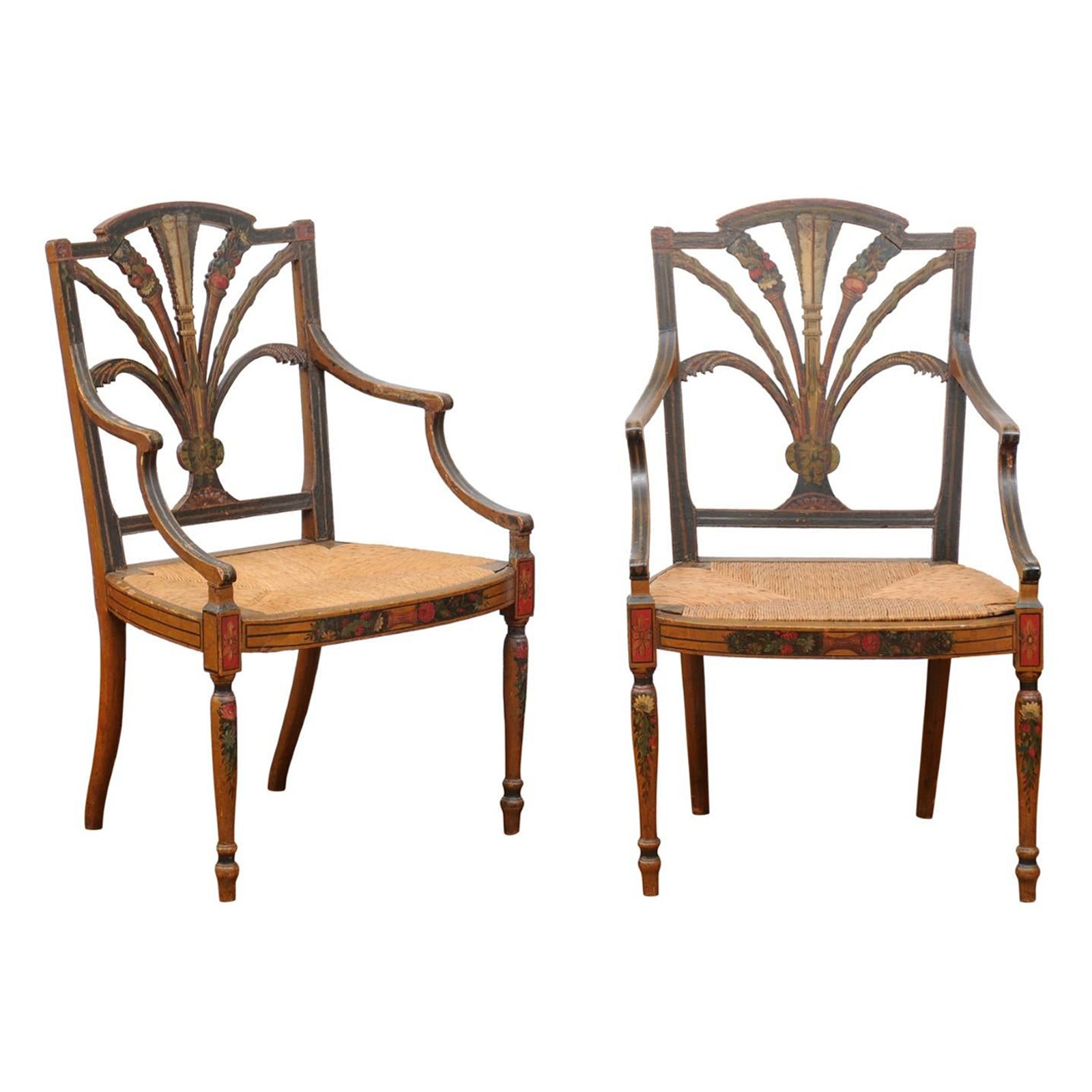 Pair of 19th Century English Adam Style Painted Armchairs with Rush Seats
