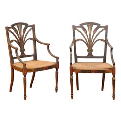 Pair of 19th Century English Adam Style Painted Armchairs with Rush Seats