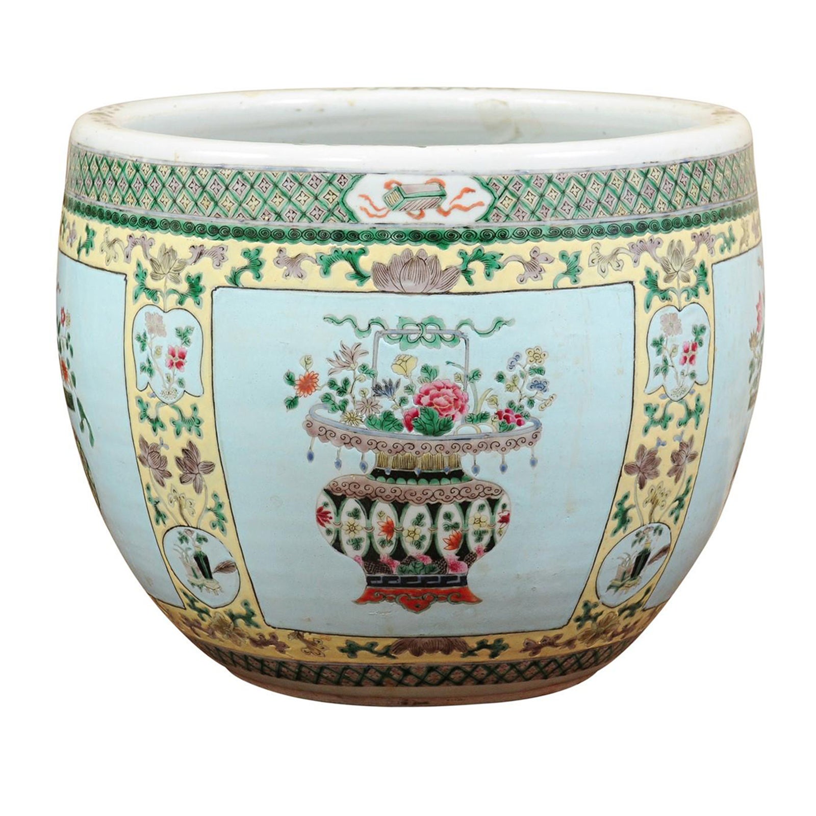 Chinese Famille Verte Style Porcelain Jardiniere with Blue Ground For Sale