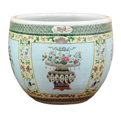 Chinese Famille Verte Style Porcelain Jardiniere with Blue Ground