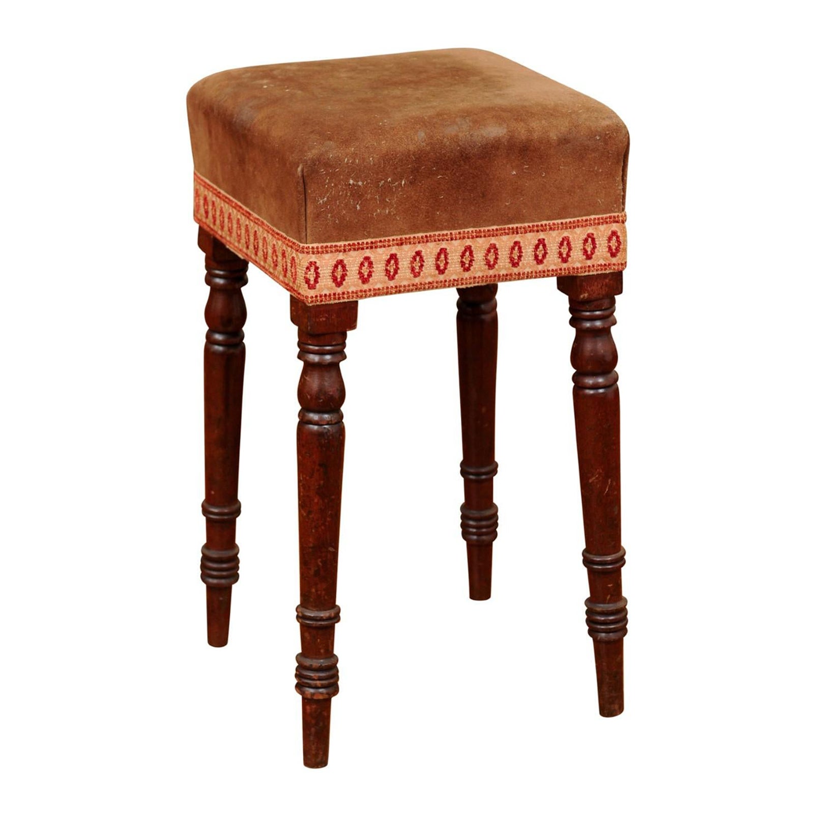 Early 19th Century English Mahogany Stool with Turned Legs & Suede Upholstery For Sale