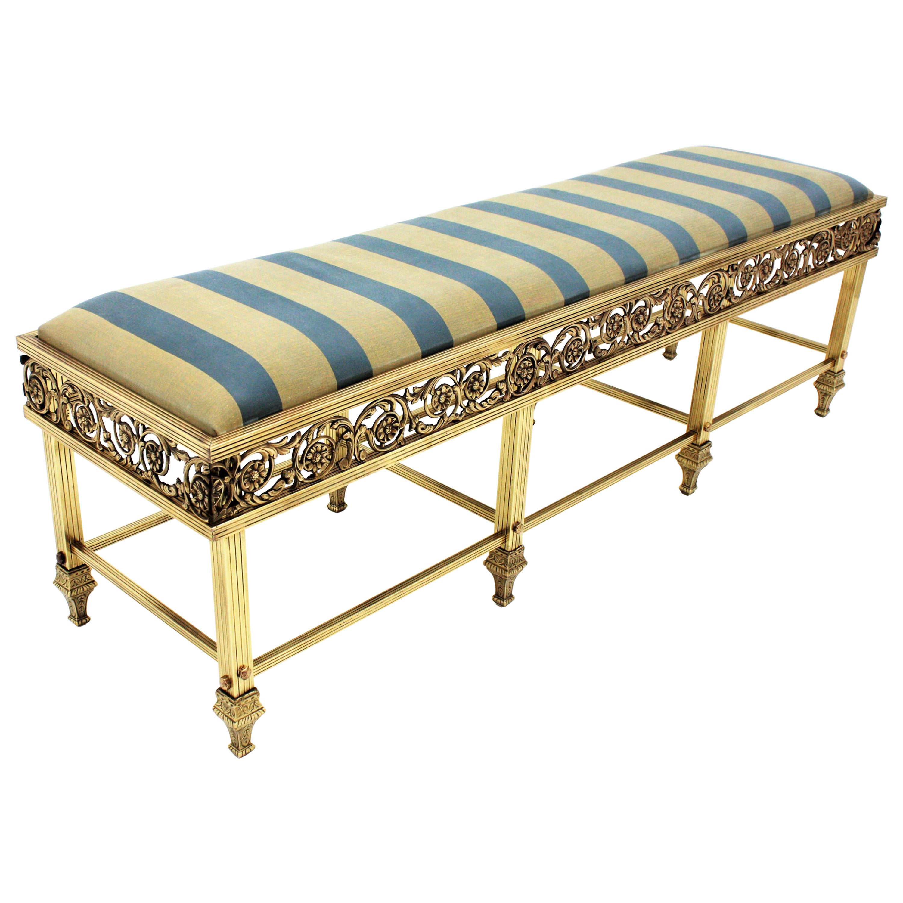 French Long Bench in Brass Upholstered in Striped Silk Fabric 