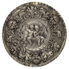 Antique 19th Century European Repoussé Silver Dish with Children Grotesque Mask FIgures
