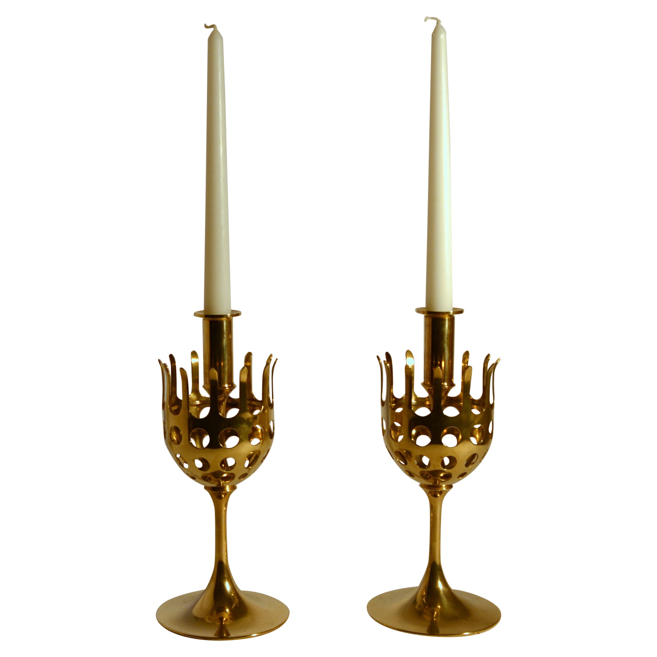 Pair of Brutalist Brass Candle Holders at 1stDibs