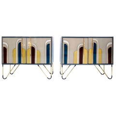 Retro Mid-Century Modern Style Solid Wood and Colored Glass Pair of Italian Sideboards