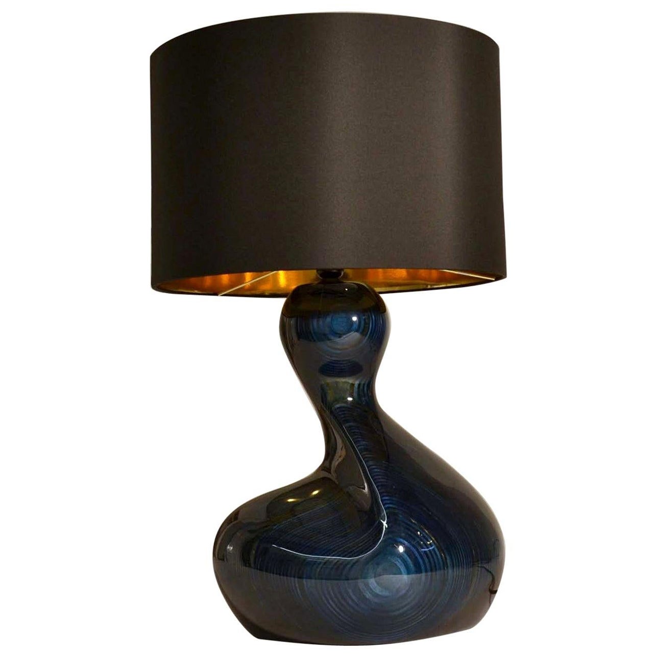 Large Organic Table Lamp in Deep Blue Wood, Black and Gold Shade For Sale