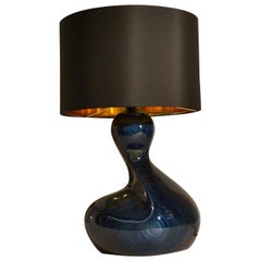 Large Organic Table Lamp in Deep Blue Wood, Black and Gold Shade