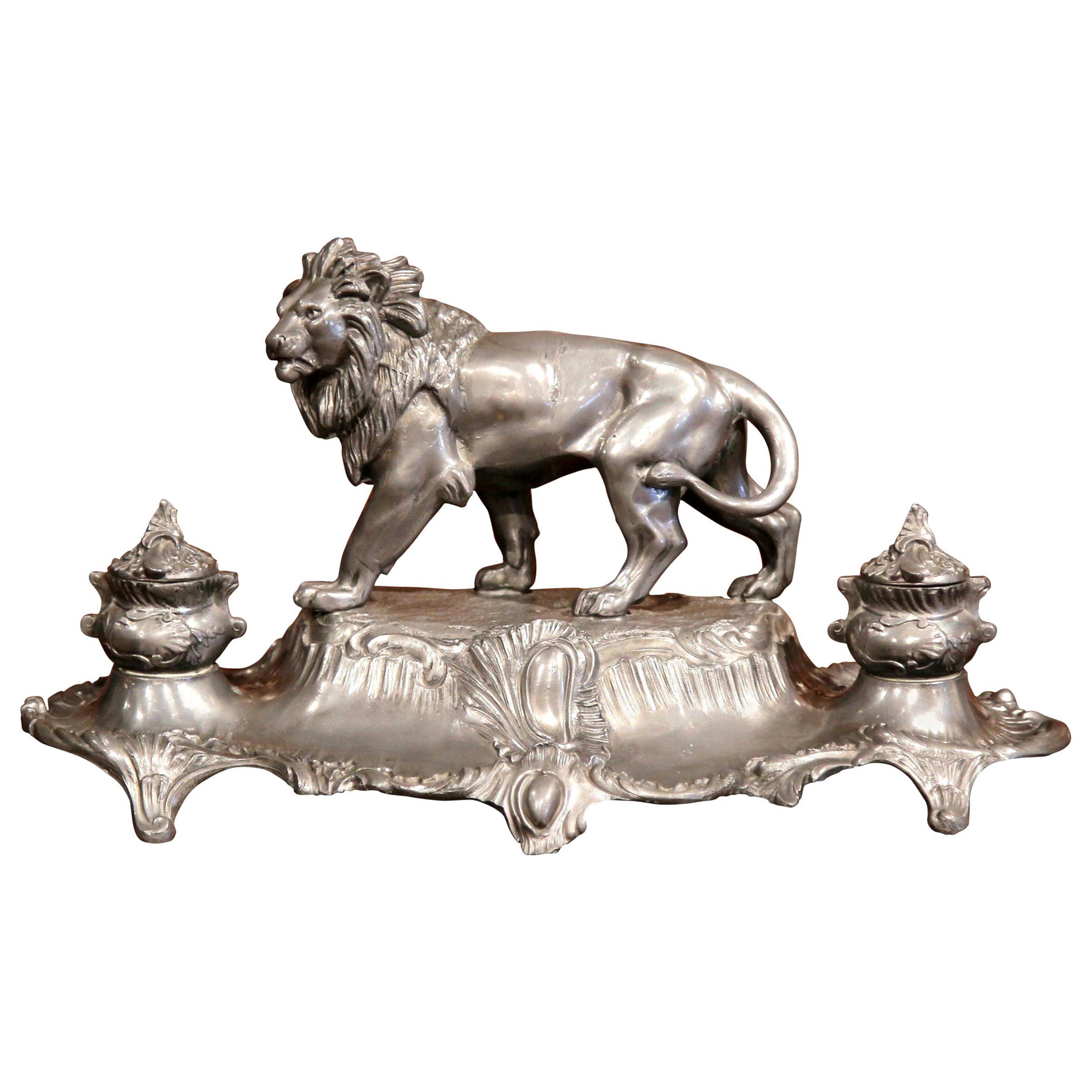 19th Century French Pewter Inkwell with Lion Sculpture Signed A. Bossu For Sale