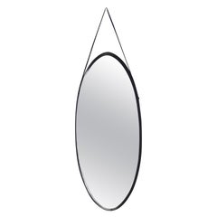 Oval Vintage Wall Mirror with Ebonized Wood Frame and a Leather Hook, Italy