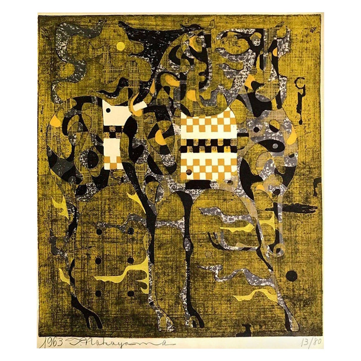 Tadashi Nakayama firma l'edizione limitata della stampa su legno giapponese Due cavalli 1963