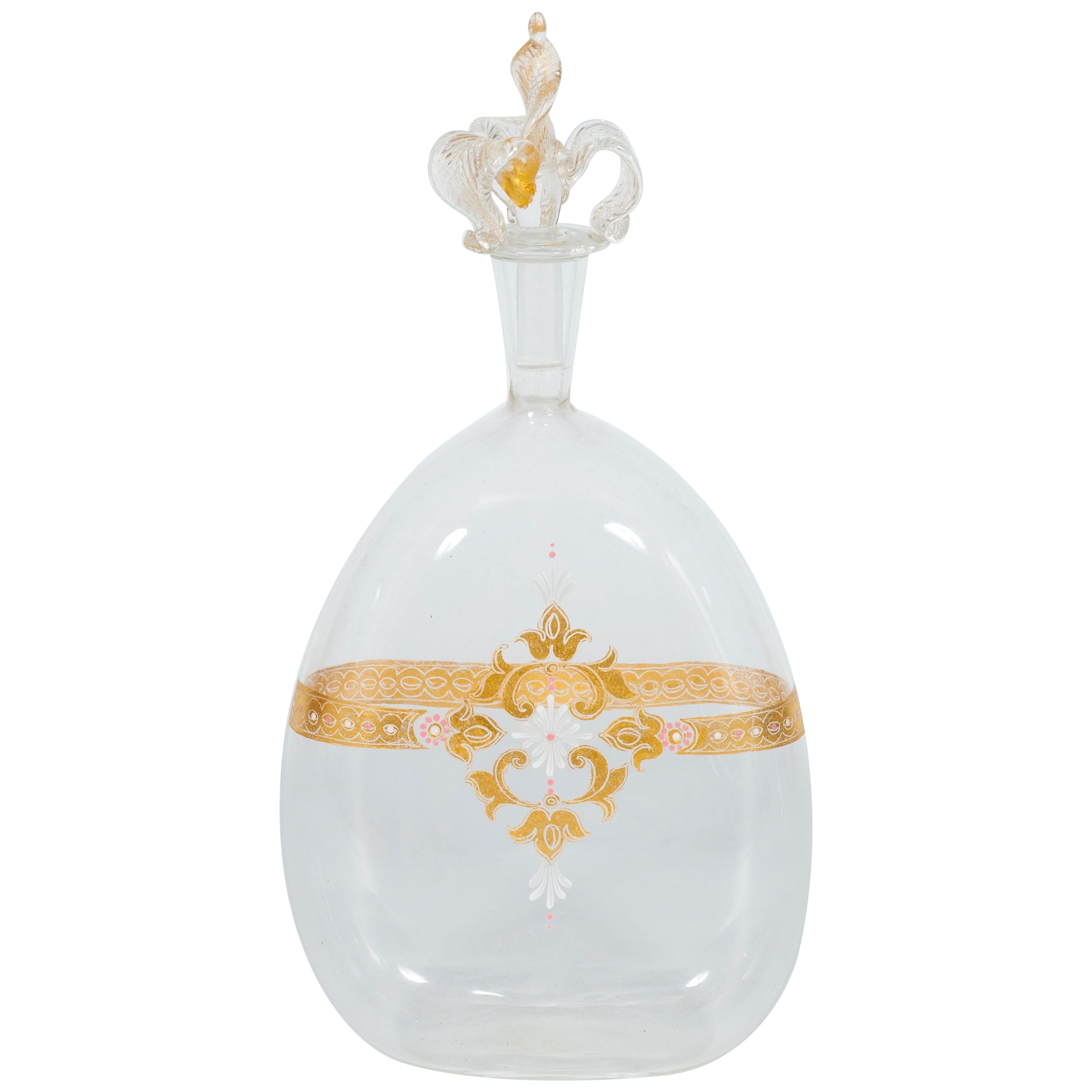 Bouteille en verre de Murano transparent avec décoration en or 24 carats faite à la main, Venise, années 1980 en vente