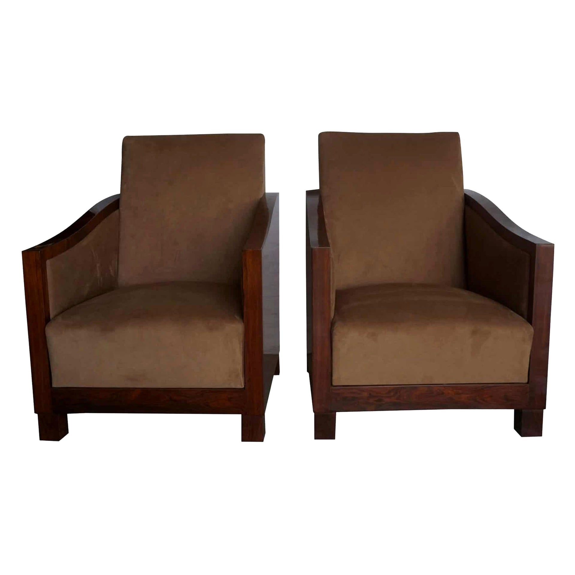 20th Century French Art Deco Club Chairs, Brown Walnut Side Chairs
