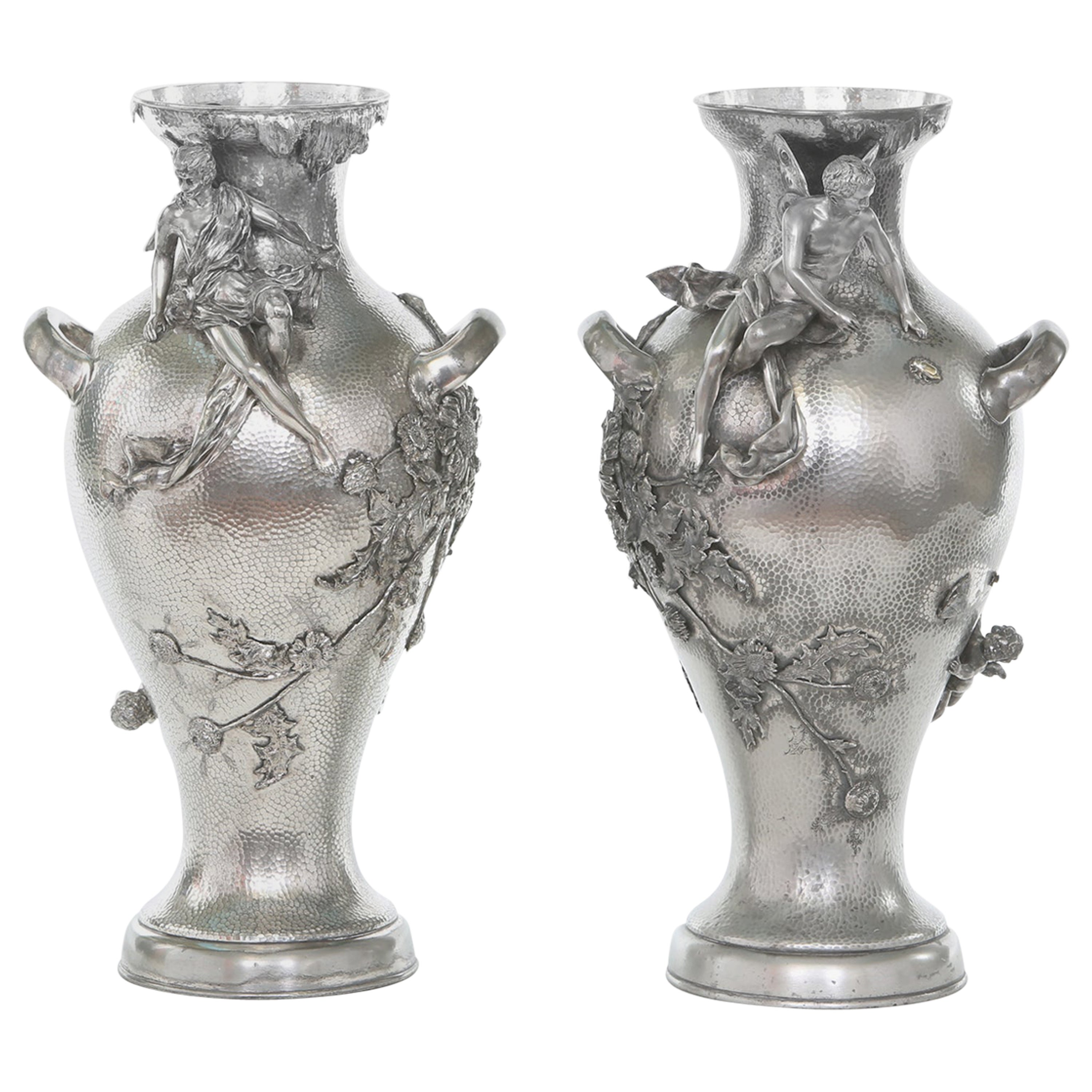 Pair of English '19th Century' Silverplated Classic Vases For Sale at
