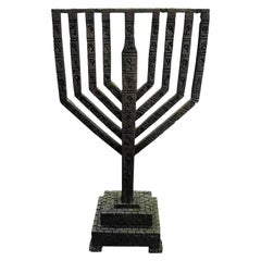 Large Heavy Brutalist Hand Forged in Israel Iron Hanukkah Menorah Sculpture