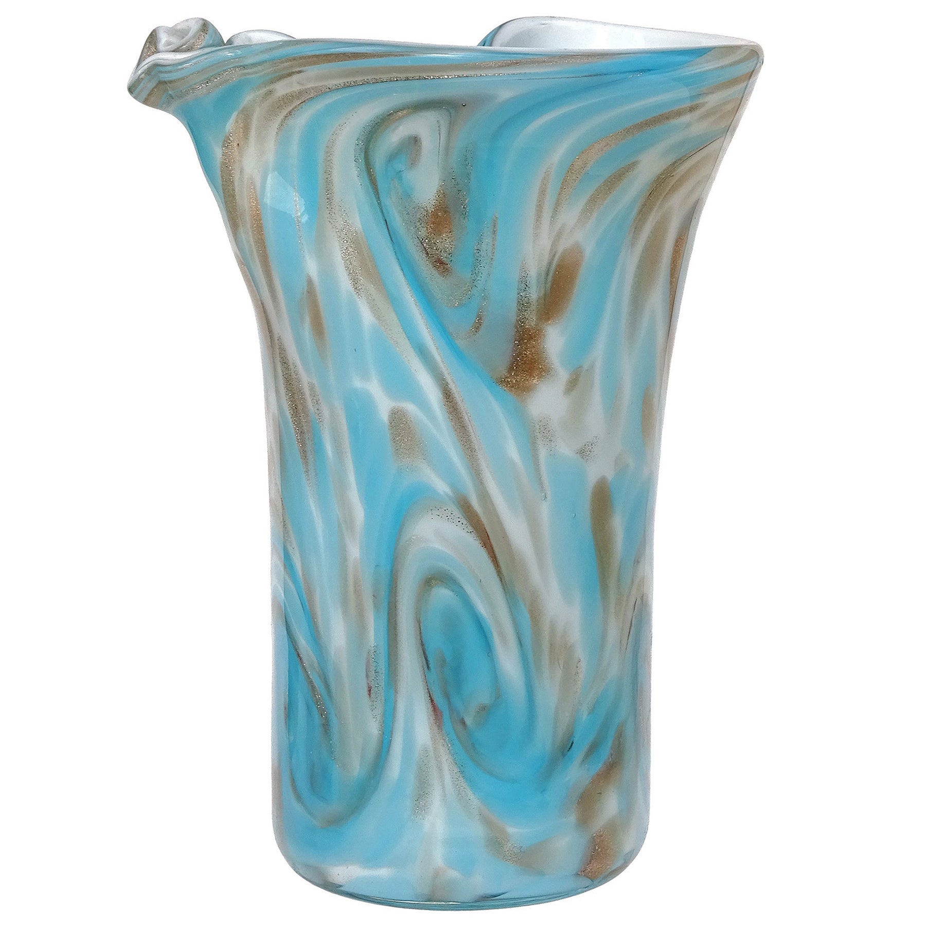 Fratelli Toso Murano Blue Aventurine Swirl Clouds Italian Art Glass Flower Vase