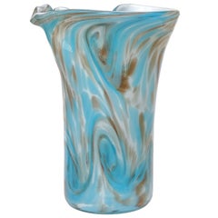 Fratelli Toso Murano Blue Aventurine Swirl Clouds Italian Art Glass Flower Vase