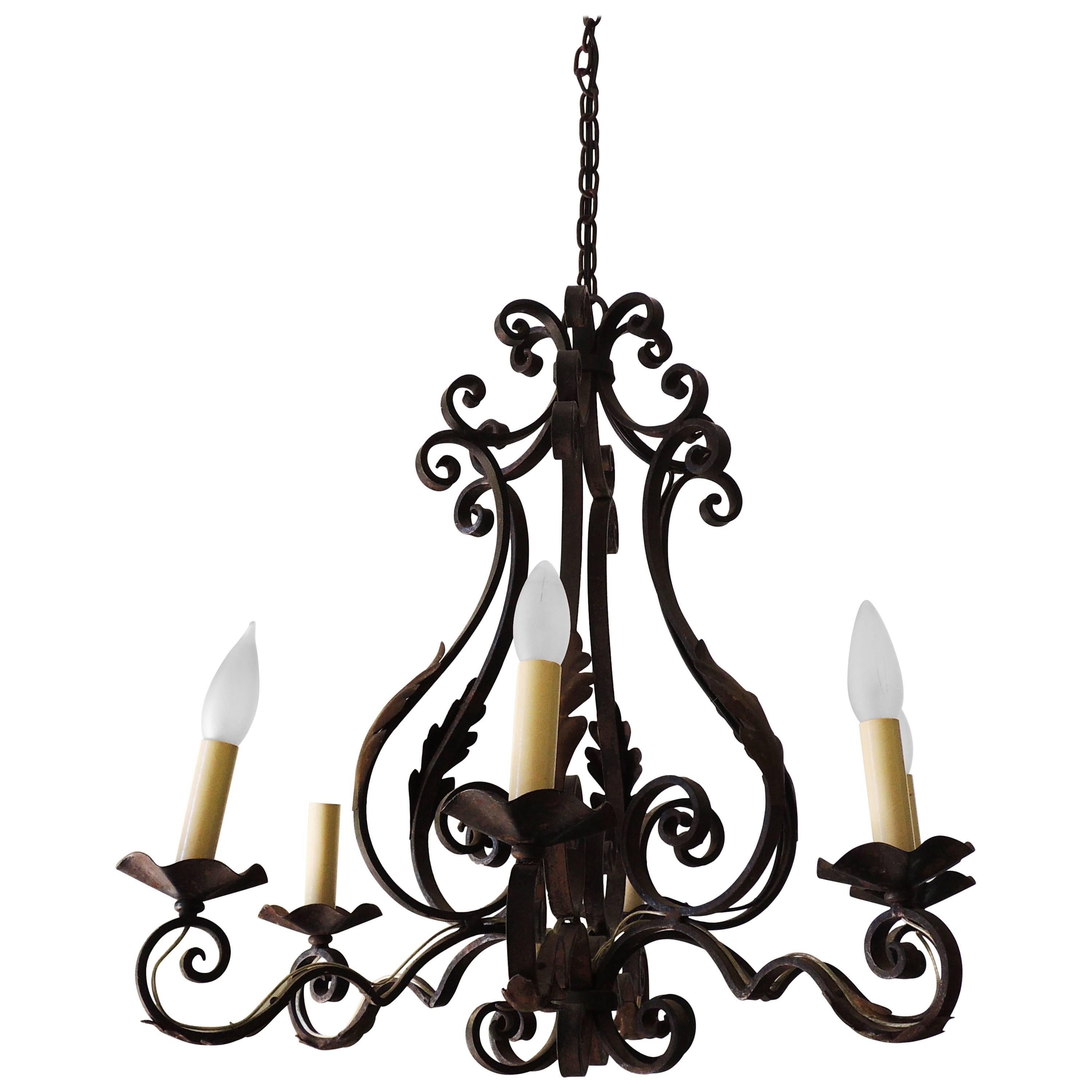 French Iron Chandelier with Acanthus Leaves For Sale