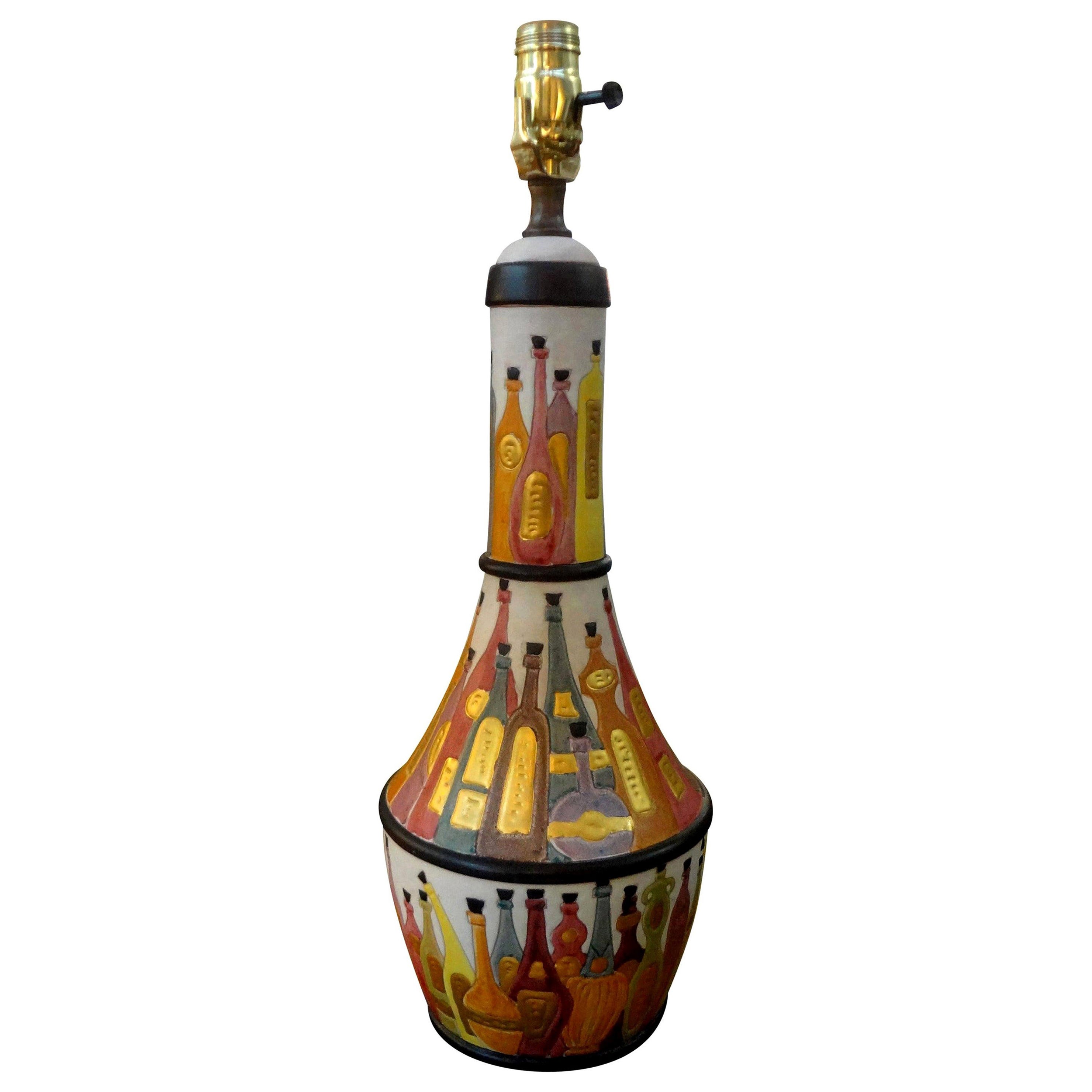 Italian Glazed Pottery Lamp with Wine Bottles