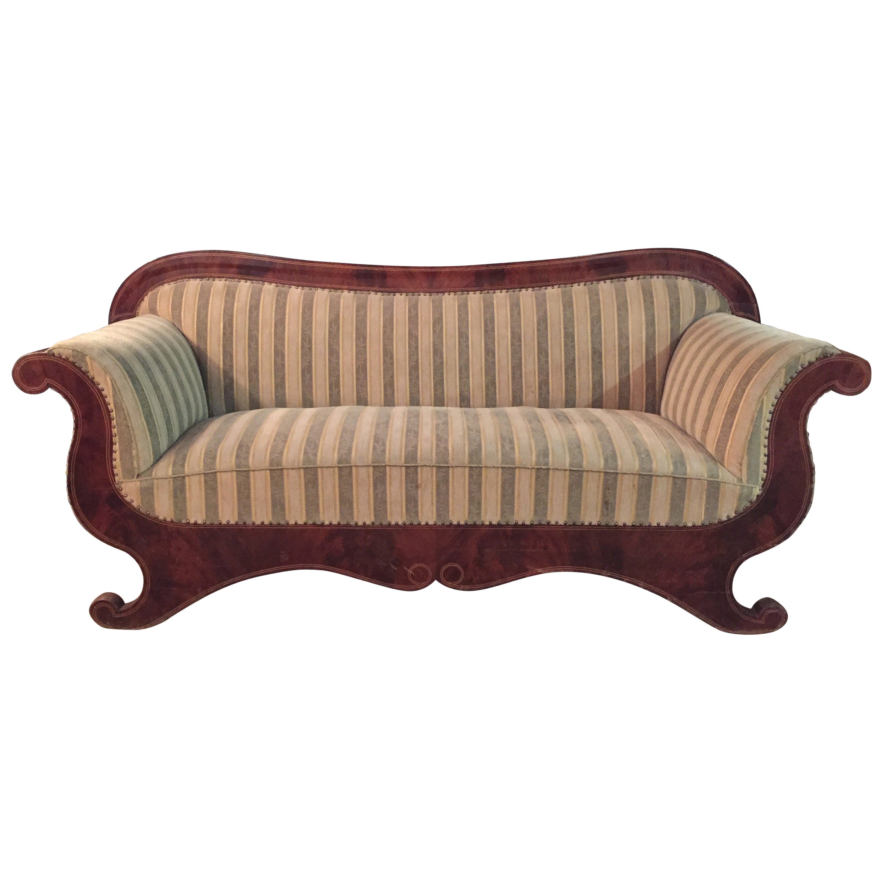 Antique Belgian Biedermeier Sofa, Couch in Mahogany and Black Velvet