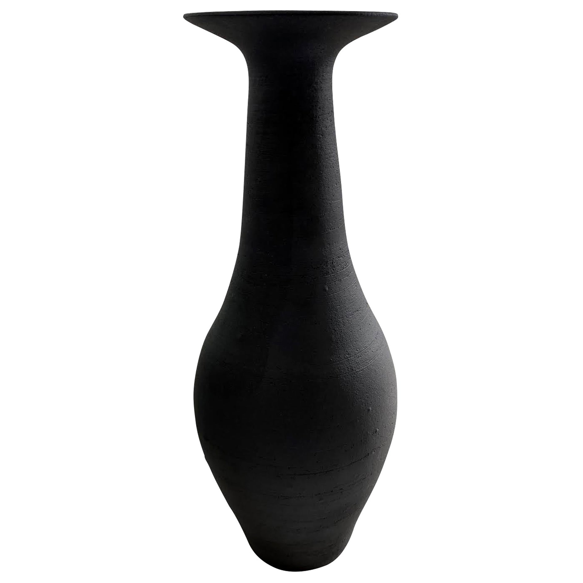 Tall Black Vase with Ridge Detail by American Ceramicist Sandi Fellman