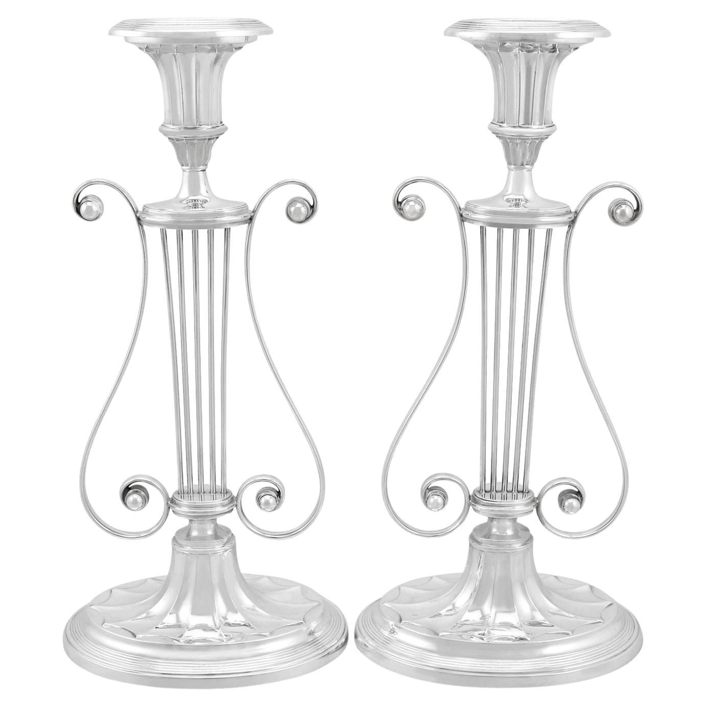 Antique Ellis & Co. 1920s Sterling Silver Lyre Candle Holders For Sale