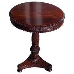 Antique Caribbean Mahogany Acanthus Carved Foliage Pedestal Table on Bun Feet, C. 1820