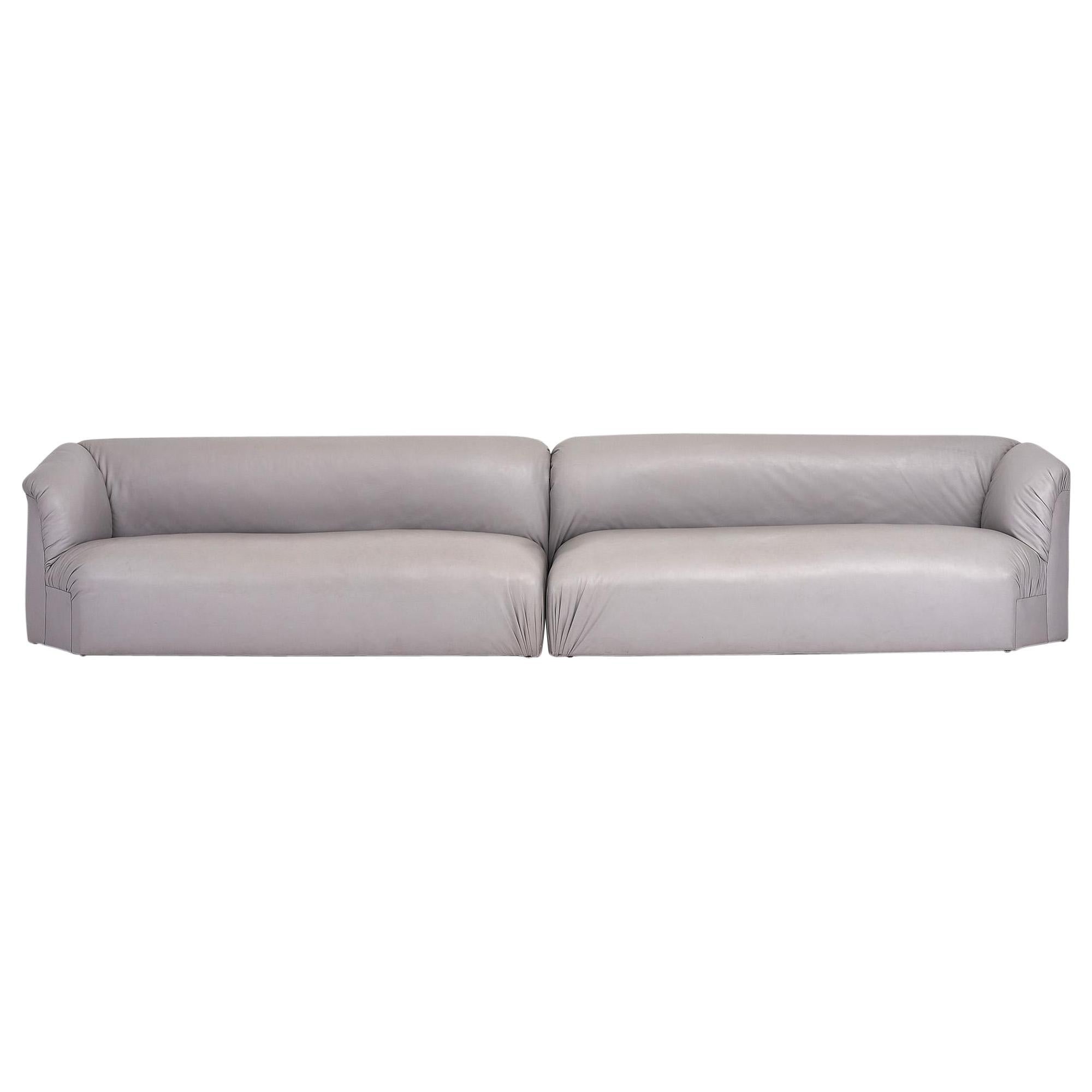 Postmodern 2 Piece Gray Leather Sectional Sofas For Sale