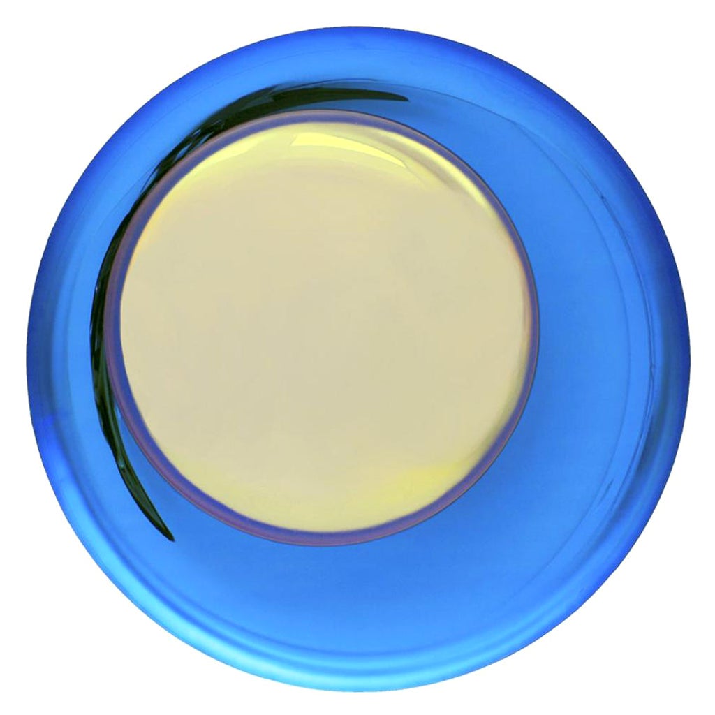 Modern Sculptural Concave Yellow and Blue Handmade Glass French Mirror For Sale