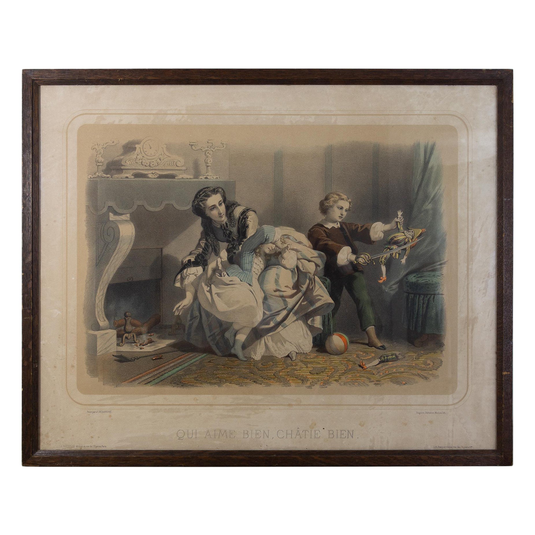 J. Desandre « Spare the Rod and Spoil the Child », Engraving, 19th Century  For Sale