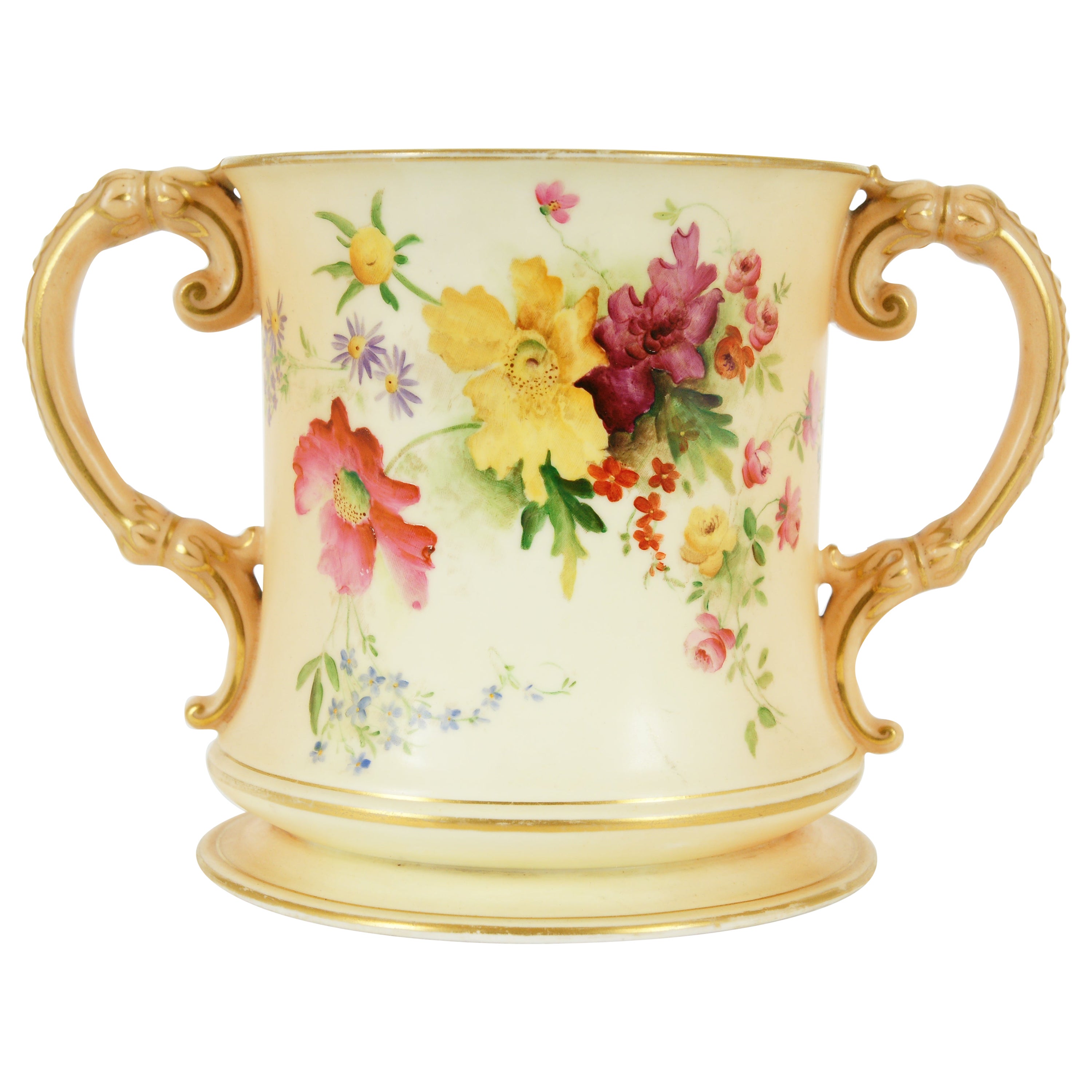 Antique Royal Doulton, Double Handled Vase Gilt and Blue Floral Design