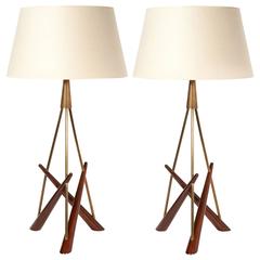 Pair of ‘Constructivist’ Walnut and Brass Tripod Table Lamps