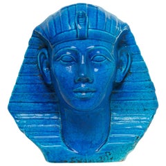 Medium Persian Blue Glaze King Tutankhamun Ceramic Bust by Ugo Zaccagnini