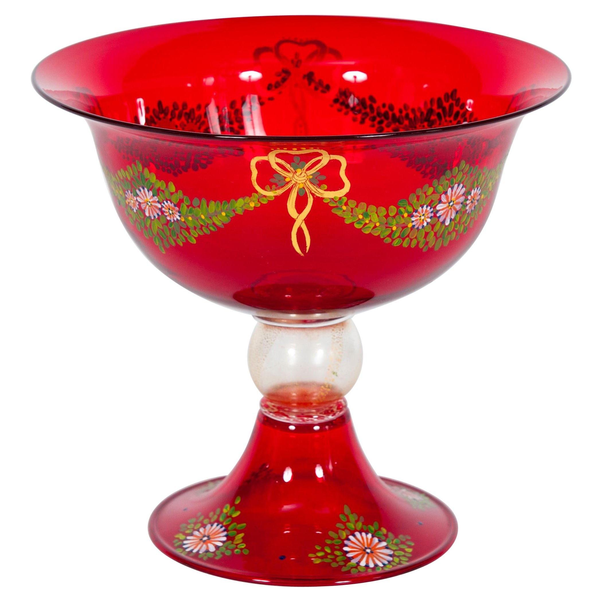 Red Murano Glass Goblet with Hand-Painted Garlands Attributed to Caramea, 1990s