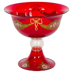 Vintage Red Murano Glass Goblet with Hand-Painted Garlands Attributed to Caramea, 1990s