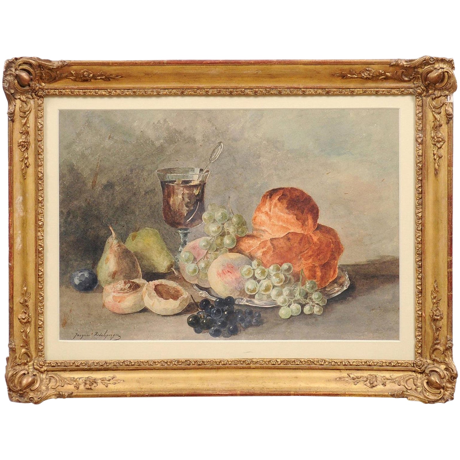 French Framed Still-Life Watercolor Signed Jacques Redelsperger, circa 1887 For Sale
