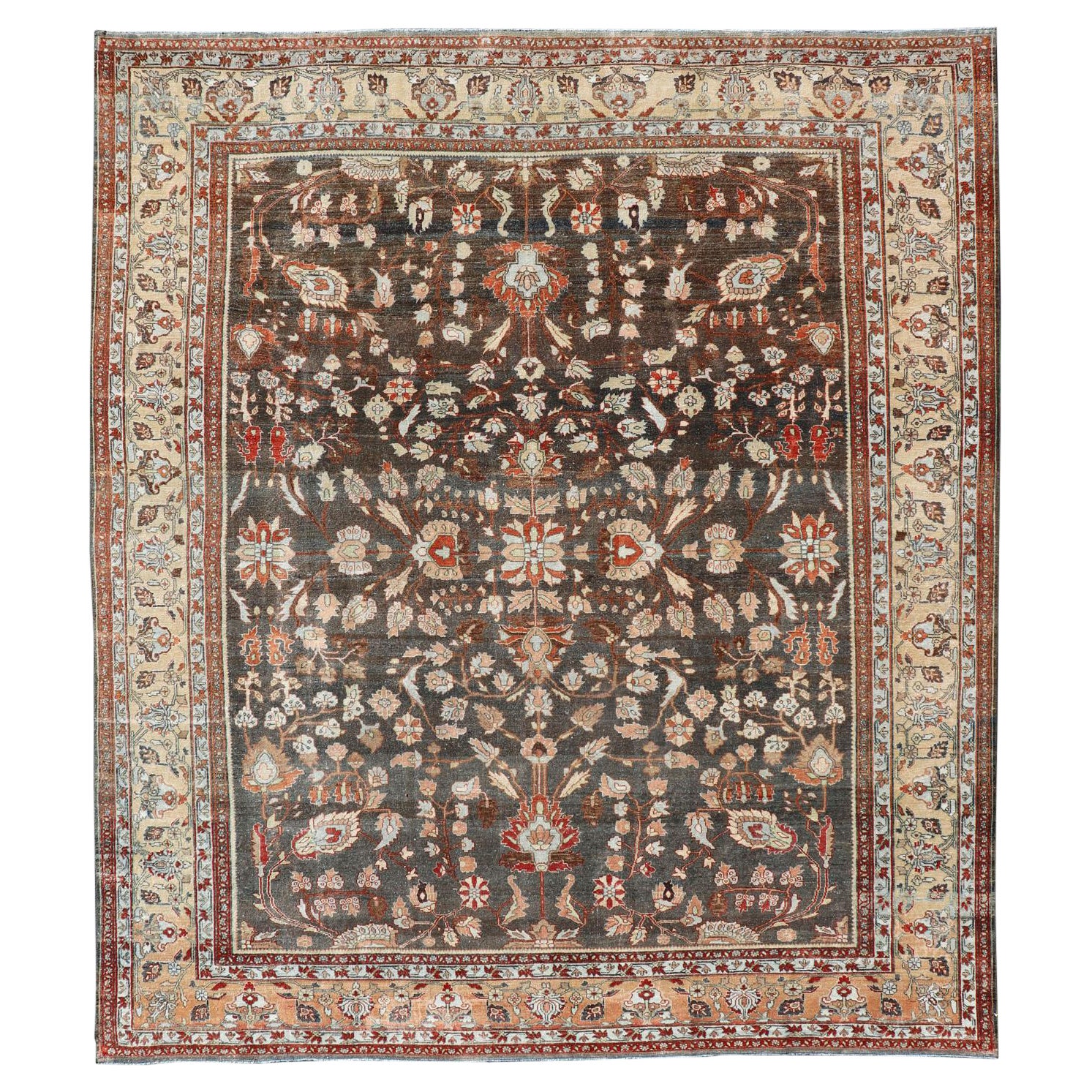 Square Antique Persian Malayer Rug with a Brown Field and Stylized Floral Design