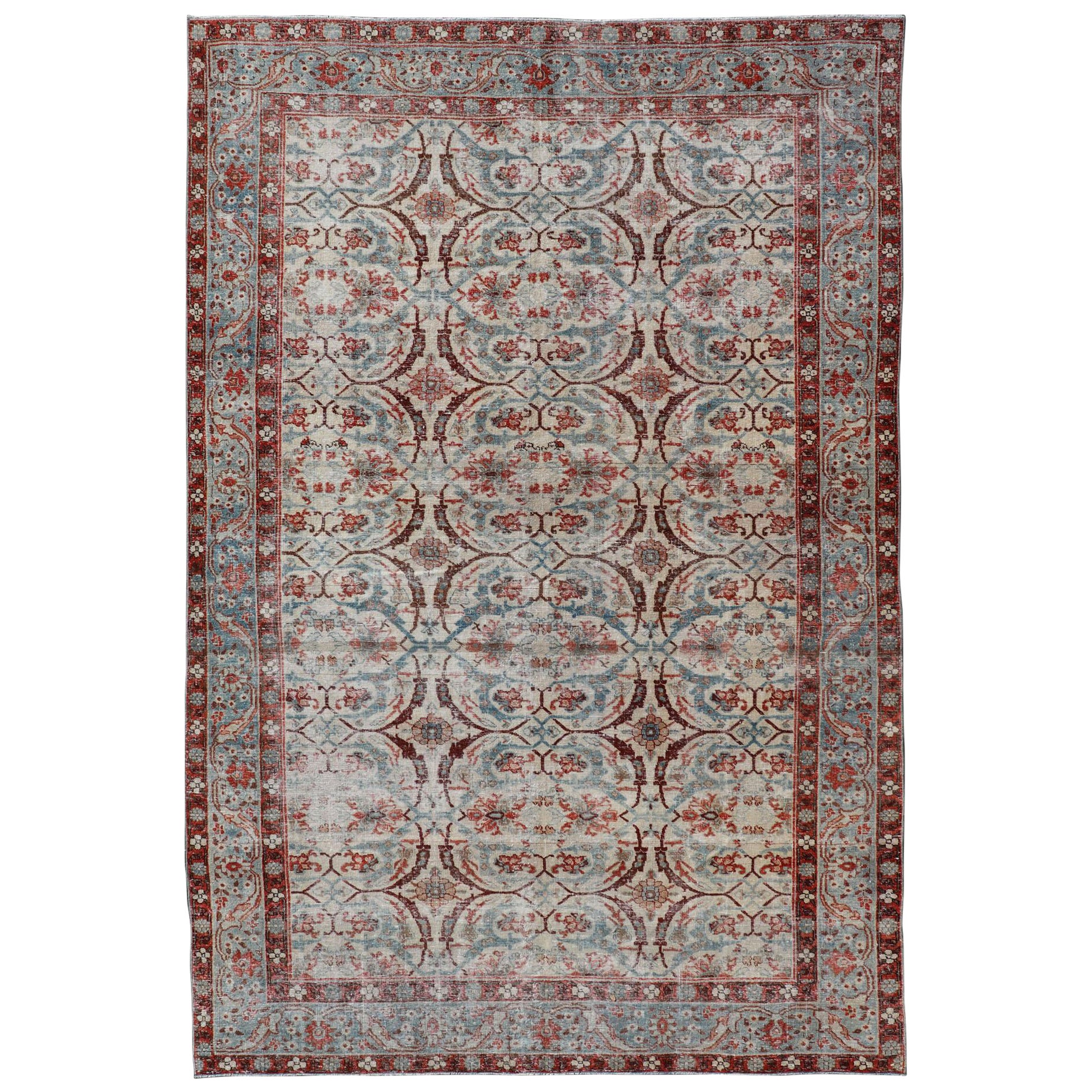 Ancien motif circulaire persan de Tabriz Herati en ivoire, Lt. Bleu, rouge, brun