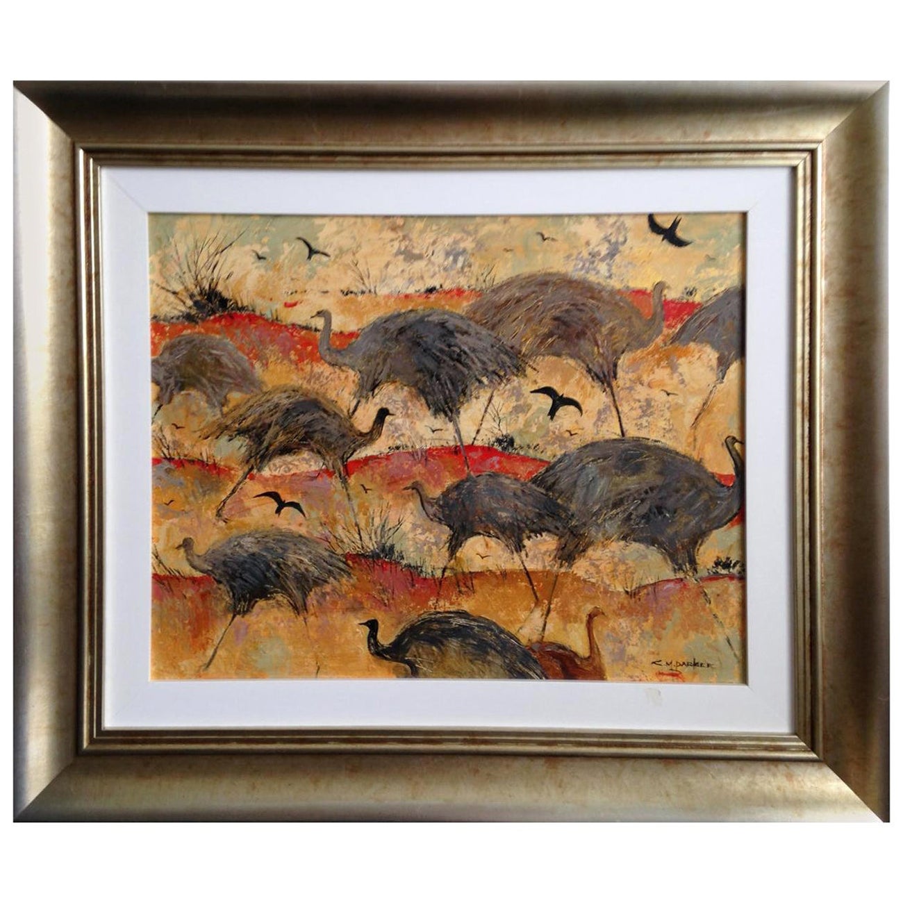 Colleen Parker 'Australian', Oil on Board, Emus and Crows, circa 1980 For Sale