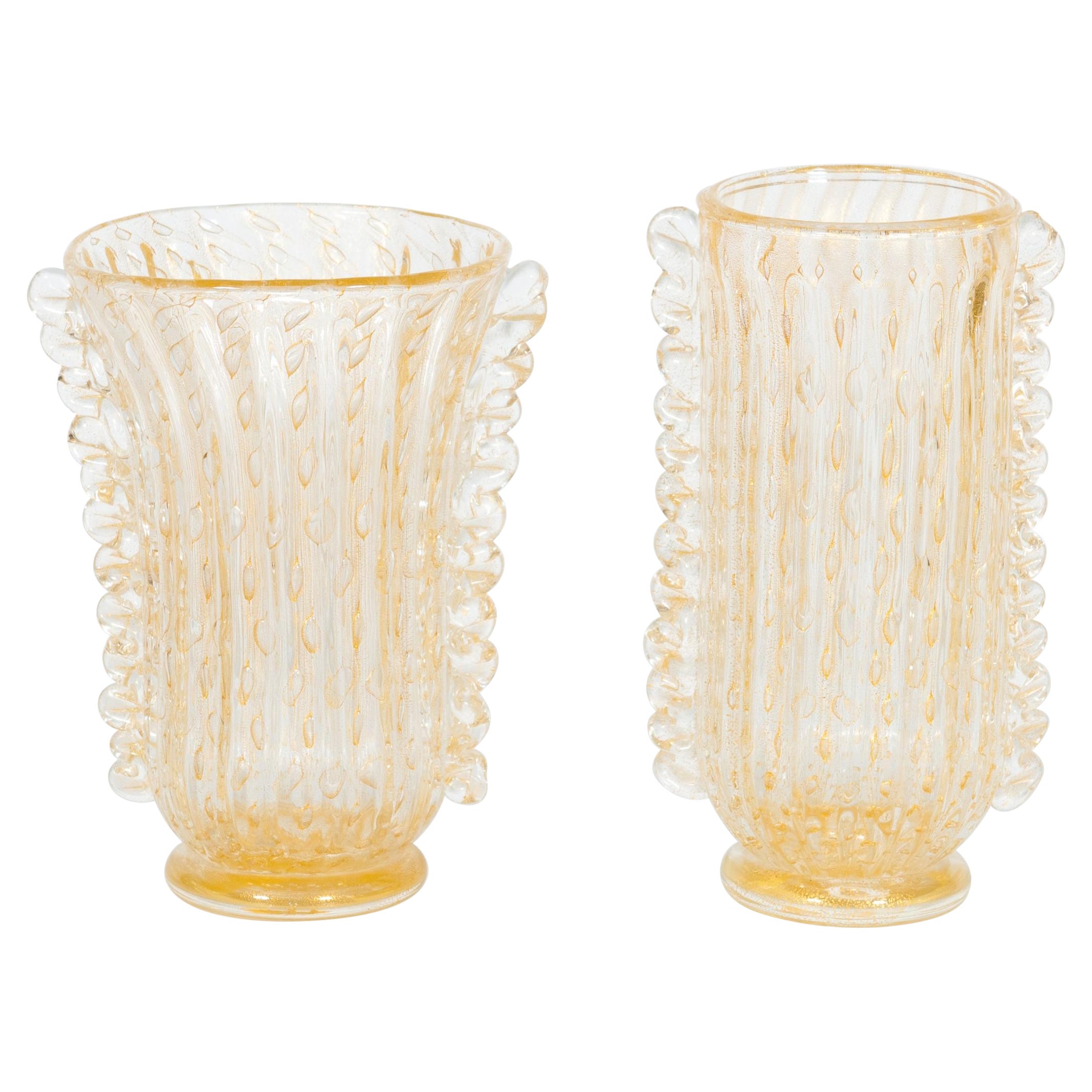 Vintage Pair of Murano Glass Bubble Vases with Sommerso Gold, 1960s Barovier For Sale