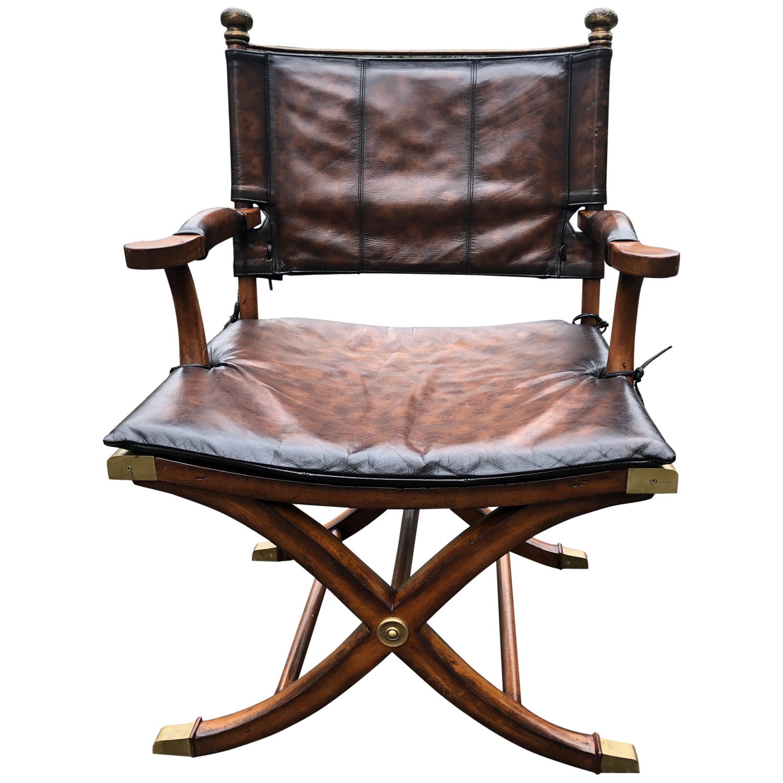 British Campaign Folding Teak and Leather Safari Chair and Recliner