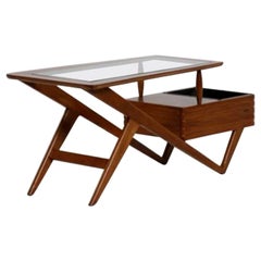 Mario Gottardi Serving Table in Walnut Wood and Crystal Italian Manufacture 50s