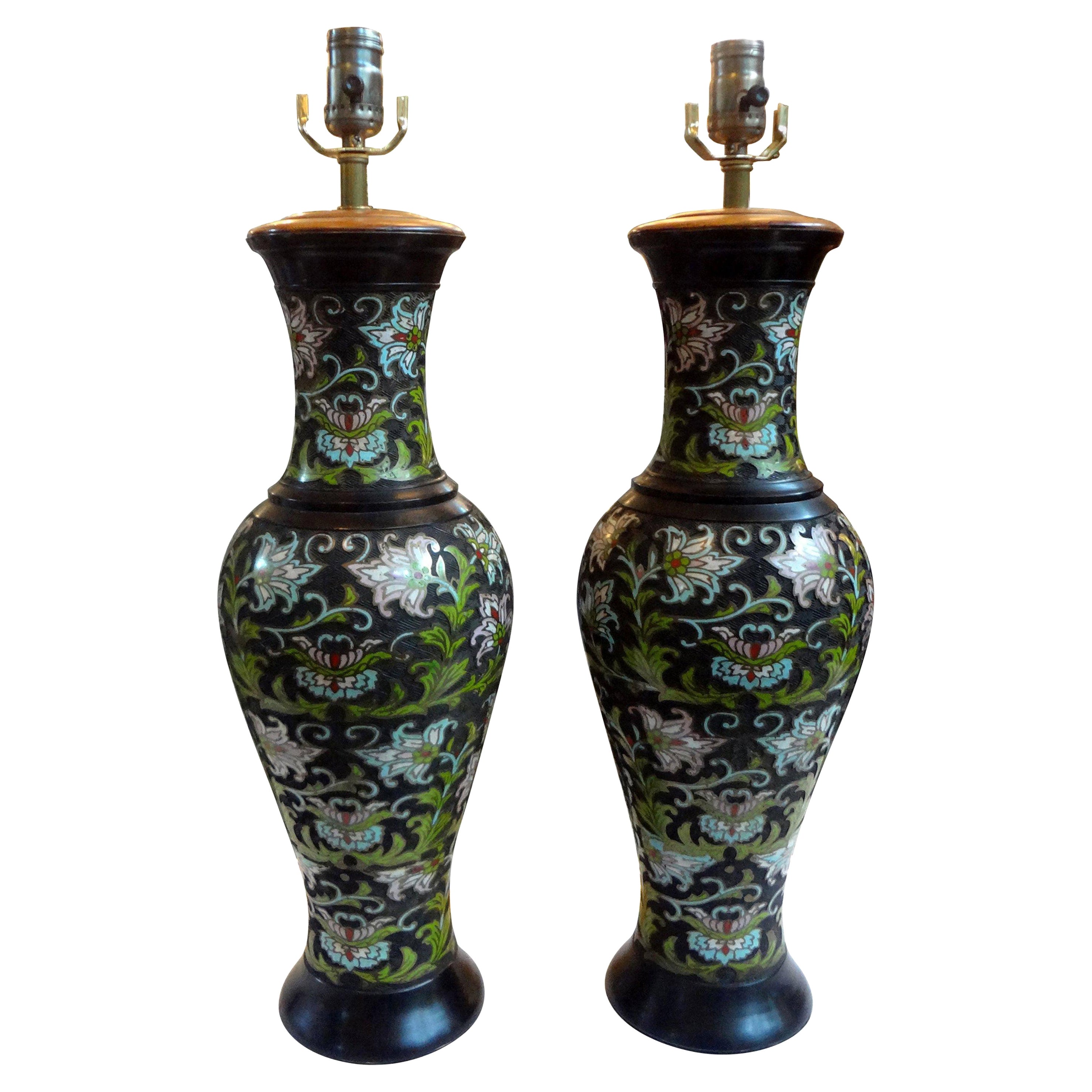 Pair of Antique Chinese Champlevé or Cloisonné Lamps