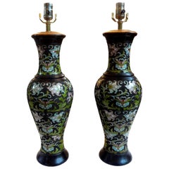 Pair of Antique Chinese Champlevé or Cloisonné Lamps