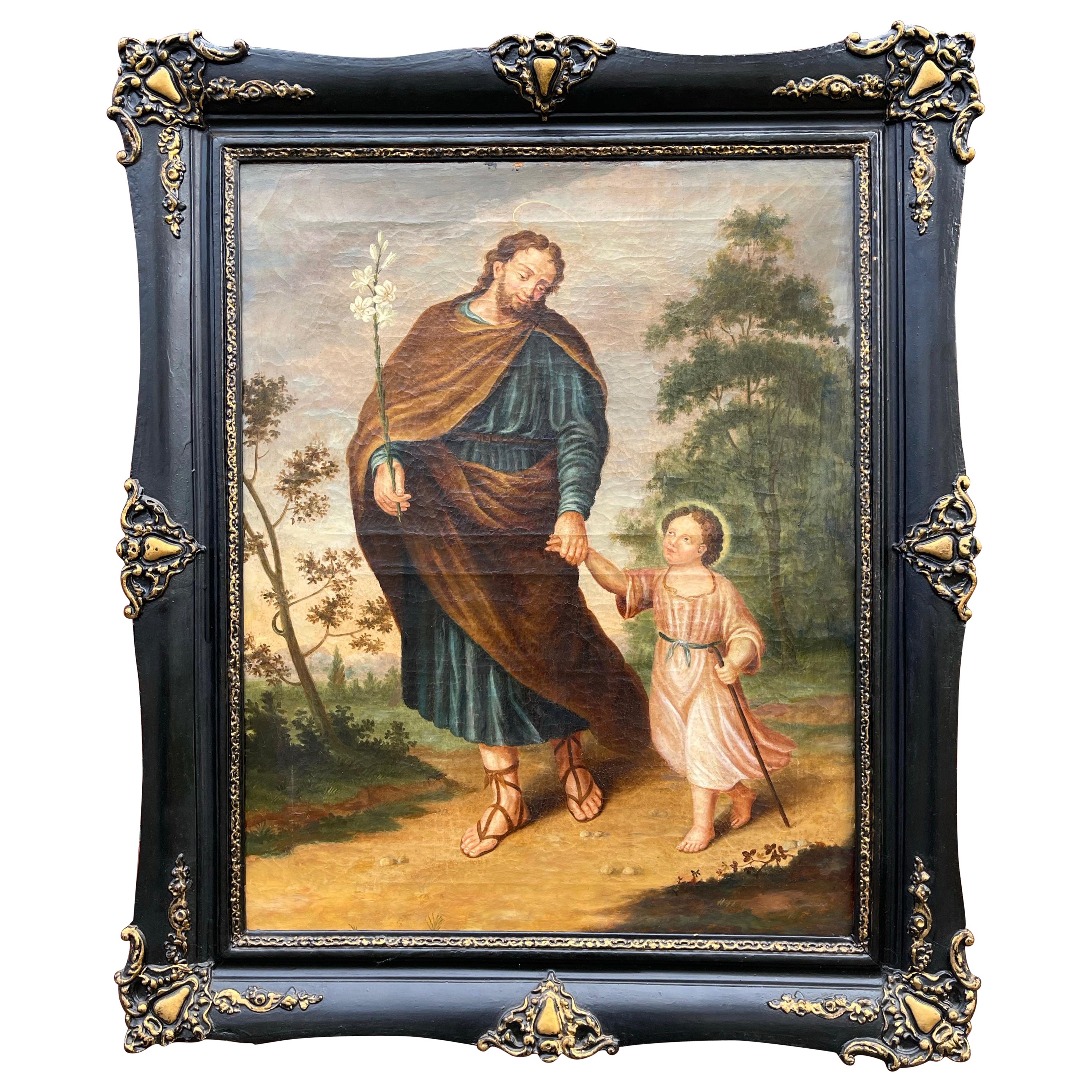 Grande peinture ancienne à l'huile sur toile de Saint Joseph W. Lily et l'enfant Jésus en vente