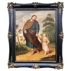 Large Antique Oil on Canvas Painting of Saint Joseph W. Lily and the Child Jesus