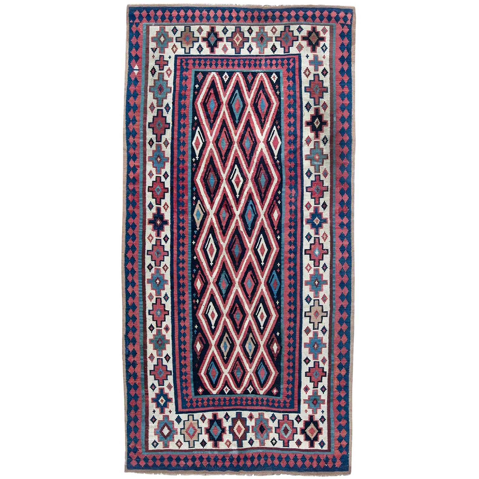 Vintage Konya Green and Navy Blue Wool Rug with Burgundy Field For Sale