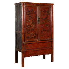 Qing Dynasty Period 19th Century Red Lacquered Cabinet with Hand Painted Décor